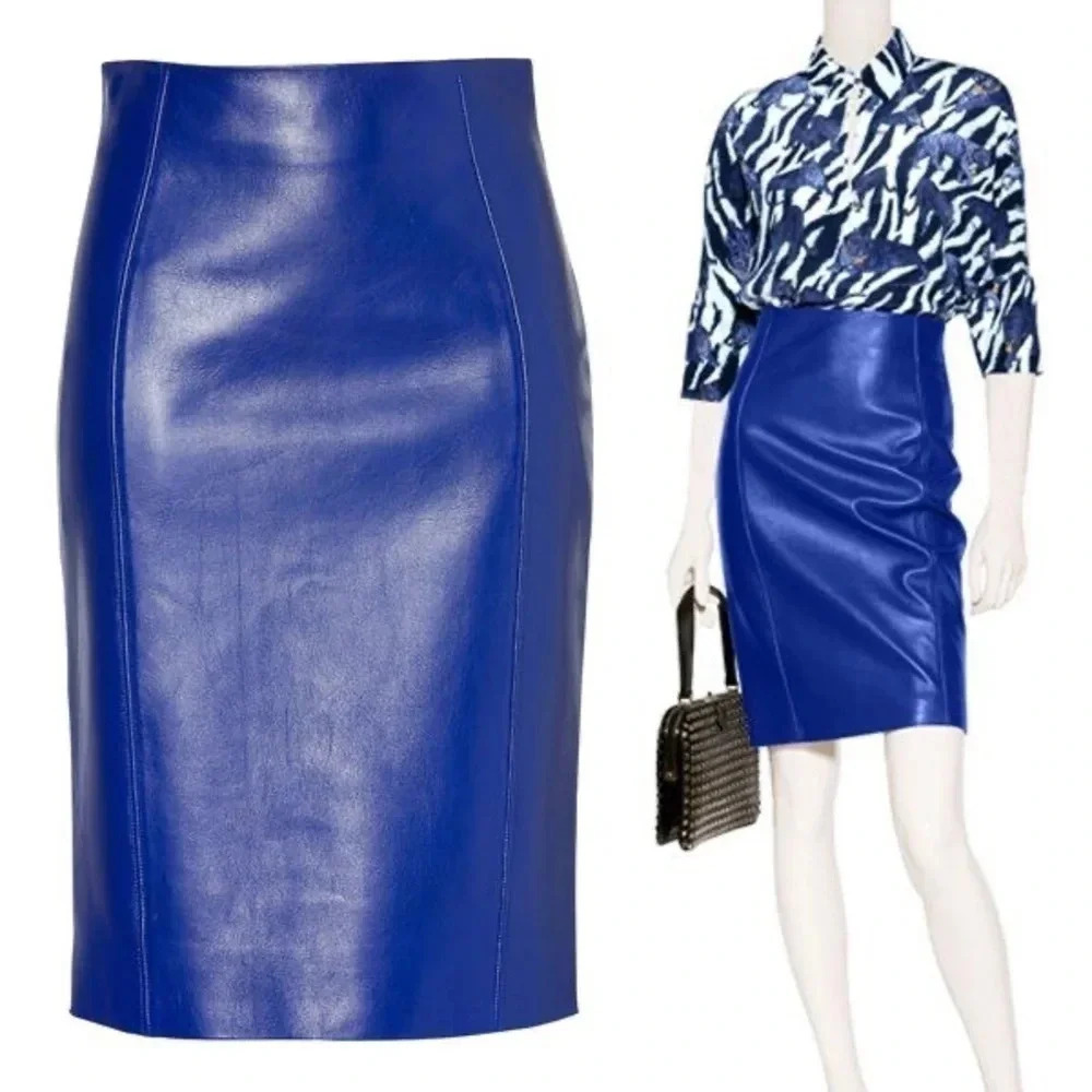 VINTAGE - Bright Blue 1980s Leather Skirt